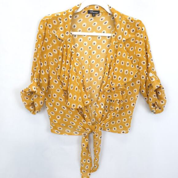 Countess Blouse Womens Medium Ditsy Daisy Floral Tie Front Sheer Ruffle Top - Picture 2 of 12